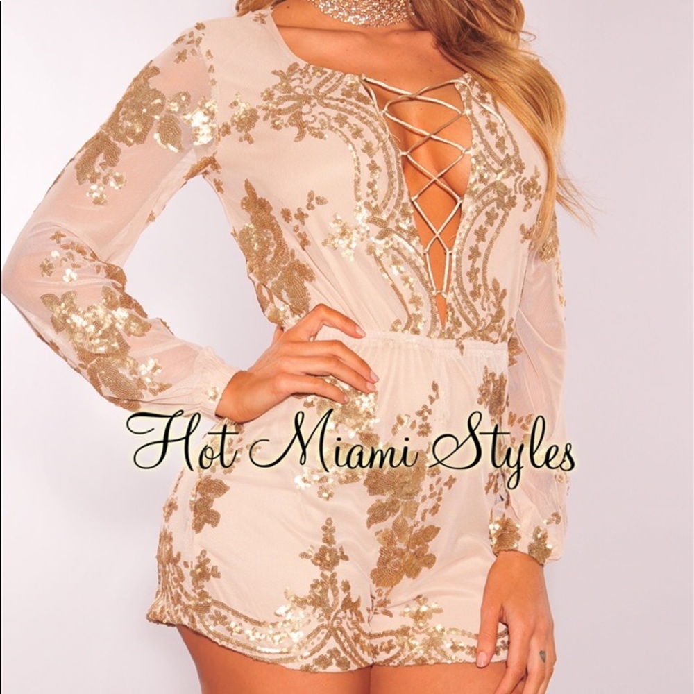 Nude sequins lace-up romper